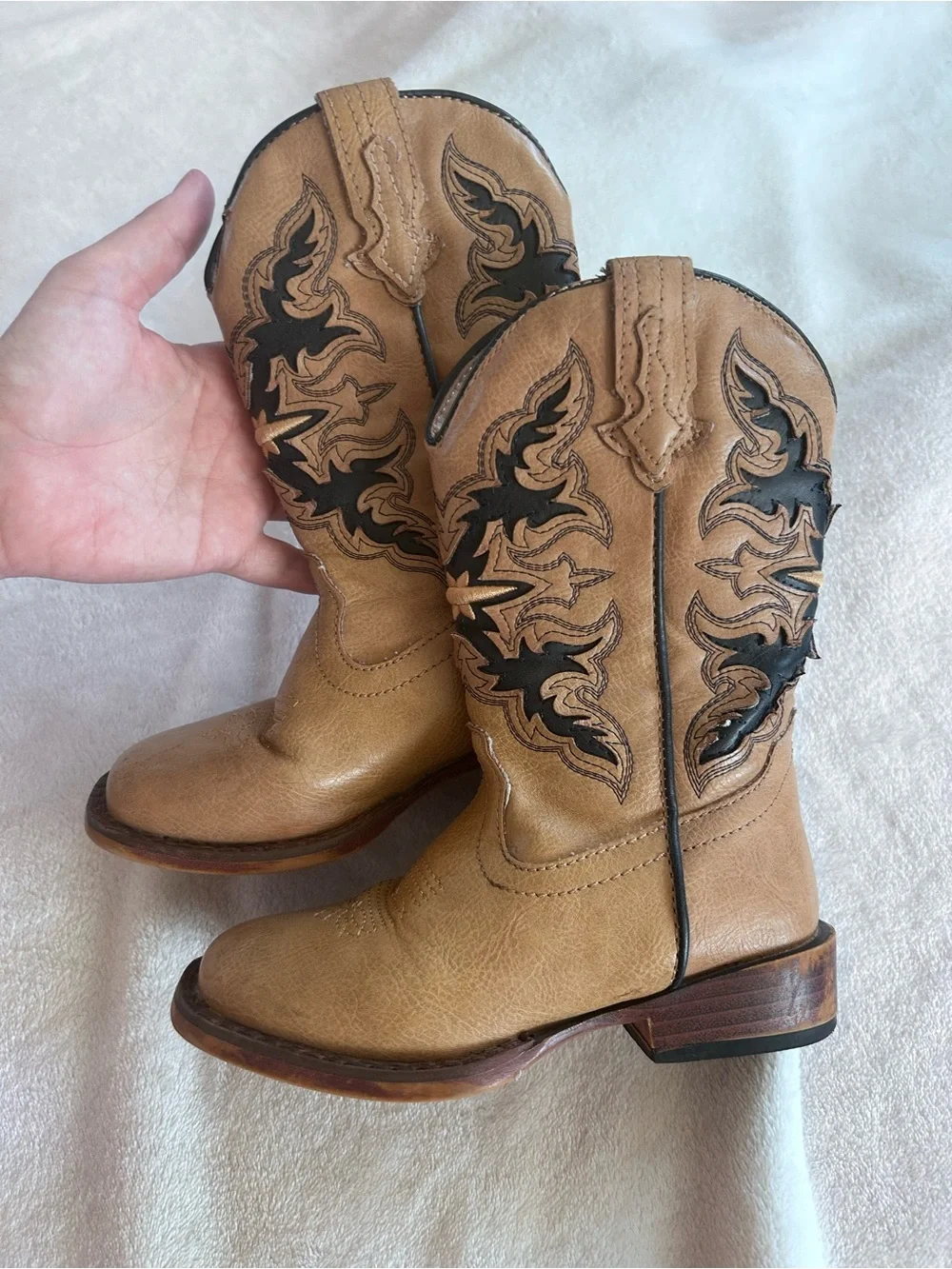 Roper Kids’ Amos Western Tan Faux Leather Western Cowboy Boots with Black Inlay